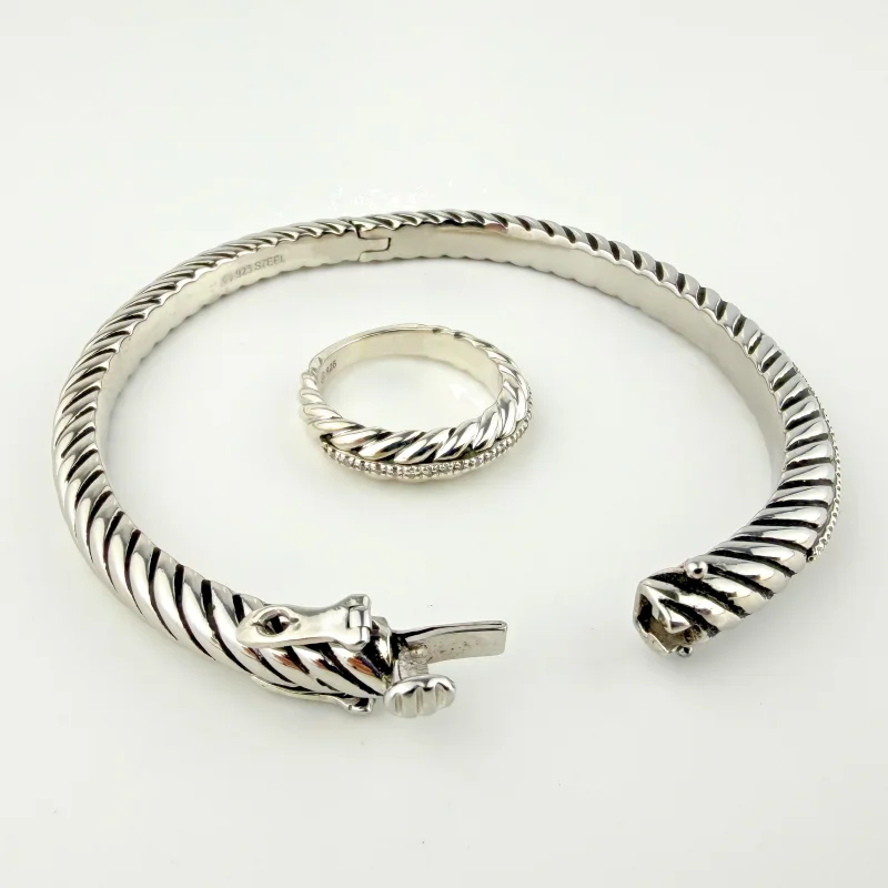 Vintage Coqui el Original Cable Cuff Bracelet & Ring Set 925 Steel & Diamonds
