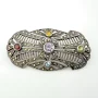 Art Deco Sterling Silver Multicolor Tourmaline Marcasite Brooch with Amethyst