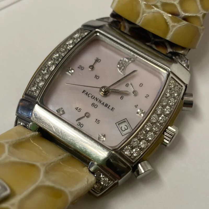 Woman Faconnable Diamond Mezza Luna Moonlight Watch Mother Of Pearl Dial Swiss