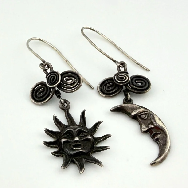 Handmade Sterling Silver Sun and Moon Face Earrings with Wire Spiral Details