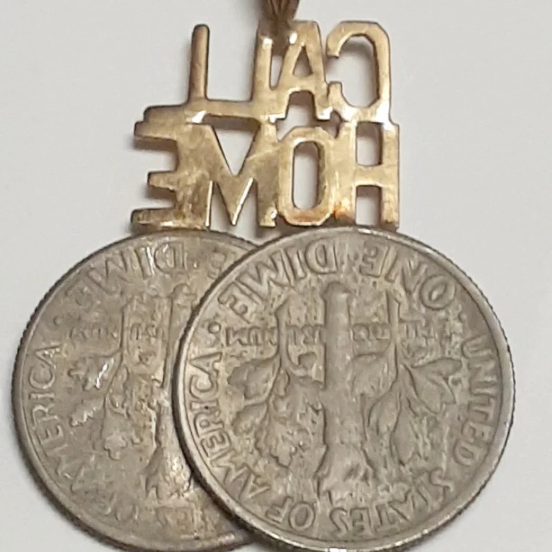 Unqiue 14K Call Home Words ON Two Ten Cents Coins  Head Pendent