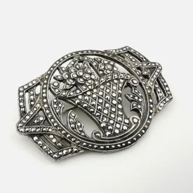 Vintage Harry Iskin Art Deco Sterling Silver Marcasite Floral Basket Brooch
