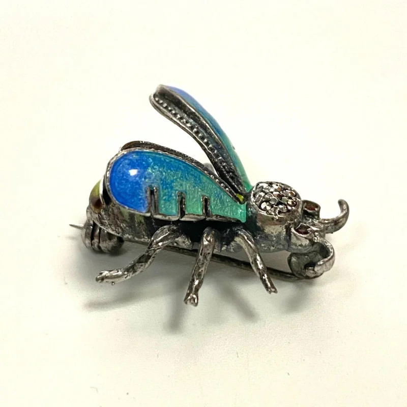 Vintage Sterling Silver & Enamel Bee Pin With Marcasite & Ruby Stone Eyes