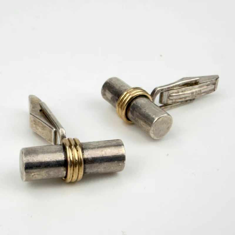 Doskow Barrel Cufflinks Bird Vintage 925 Silver 14K Gold