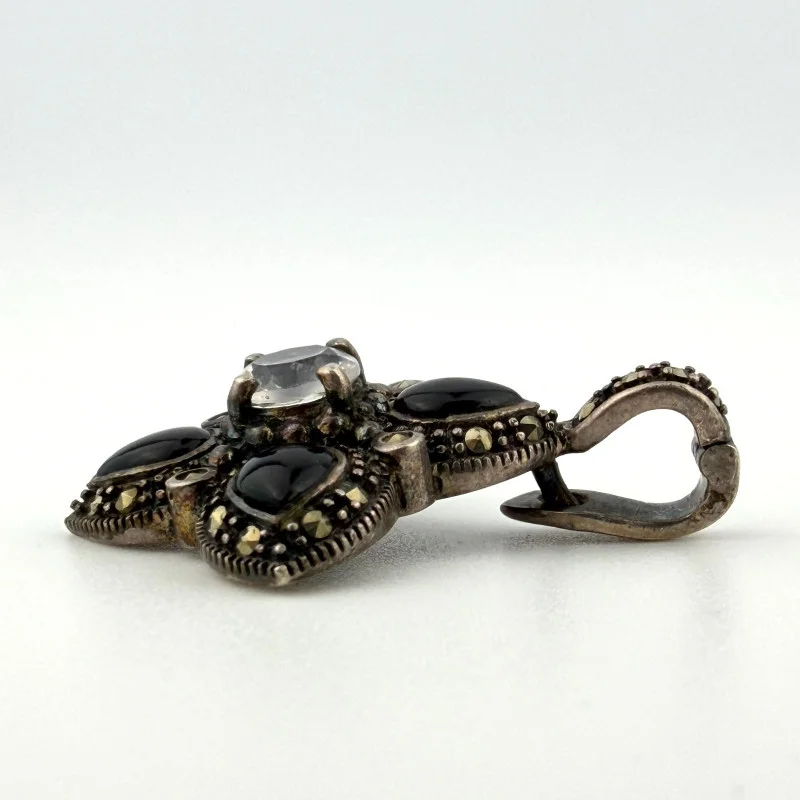 Vintage Thai Sterling Silver Black Onyx Marcasite & Achroite Tourmaline Pendant 