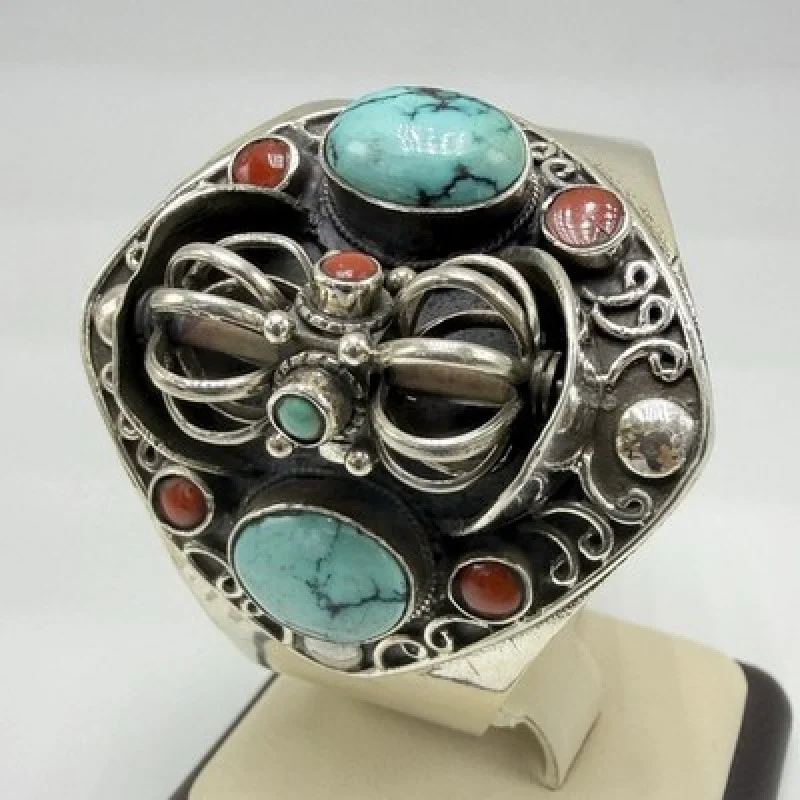 Vintage Sterling Silver Turquoise & Coral Spinner Cuff Bracelet Handmade