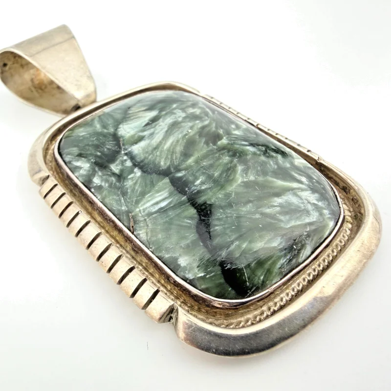 Large Sterling Silver Seraphinite Pendant - Handcrafted with Feathery Pattern