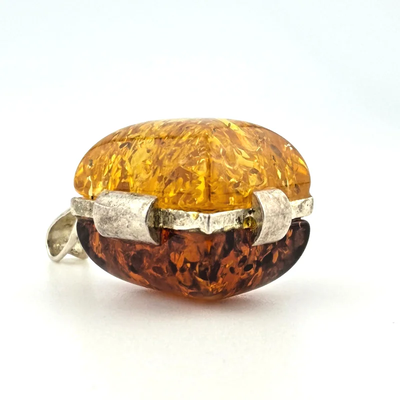 Vintage Sterling Silver Amber Pendant - Two Tone Square Cabochon