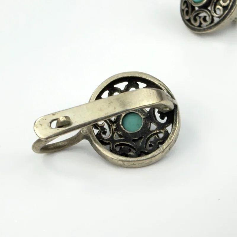 Vintage Openwork Silver Round Earrings with Turquoise