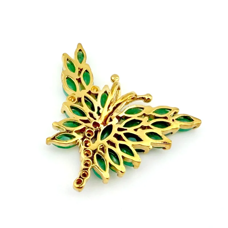 Vintage Gold Tone Butterfly Pendant with Mint Emerald and Diamond Chips