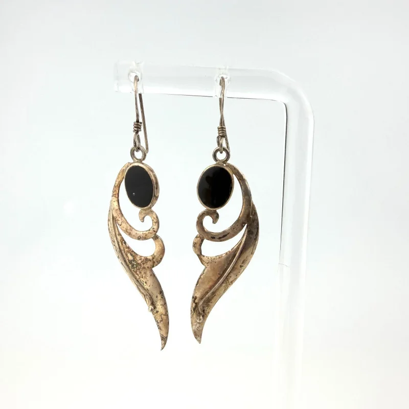 Vintage Sterling Silver Scroll Leaf Dangle Earrings with Black Onyx