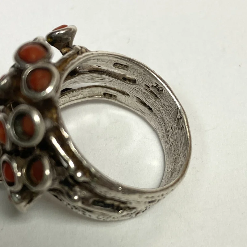 Vintage Designed Coral Stones & Diamond  Sterling Silver 925   Woman Ring Size 7