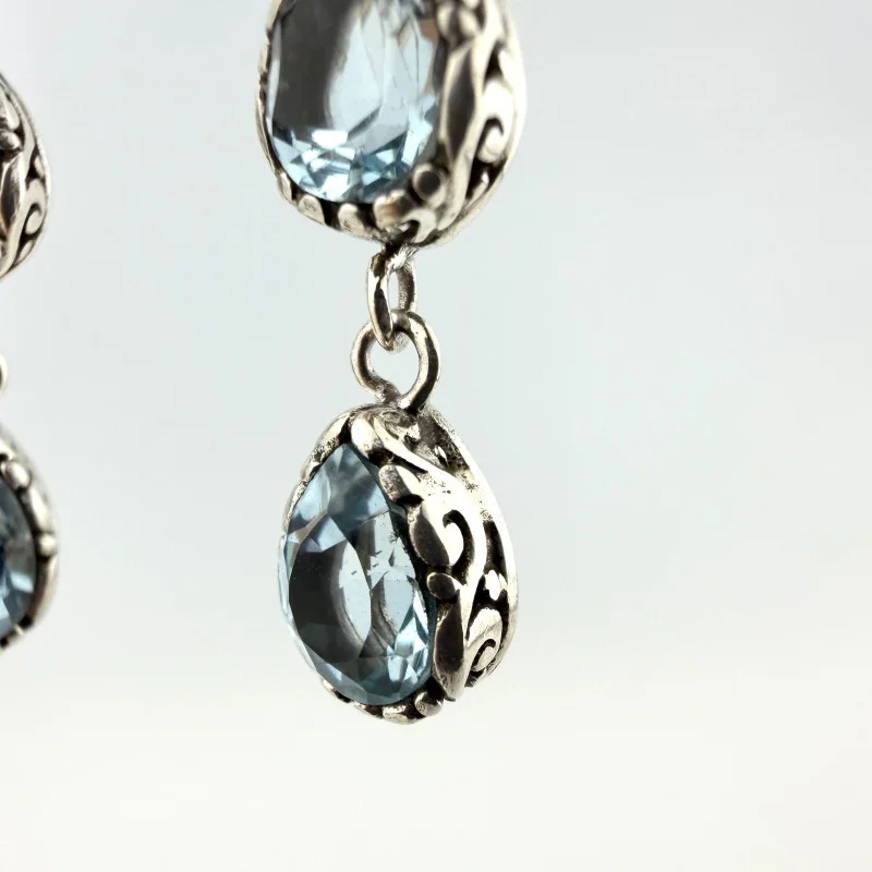 Sterling Silver Blue Topaz Triple Drop Dangle Earrings - 925