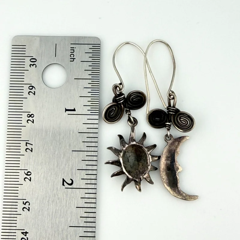 Handmade Sterling Silver Sun and Moon Face Earrings with Wire Spiral Details