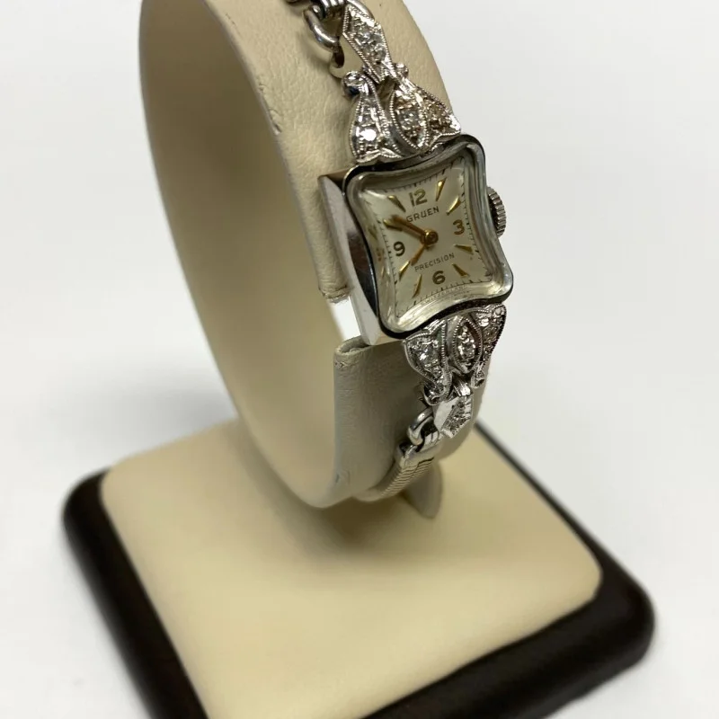 Vintage Ladies Gruen Precision 14K White Gold w Diamonds 17 Jewels