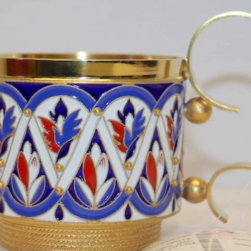 Russian silver 925 & 24k Gold Plated, Tea Cup Holder Enamel Filligree