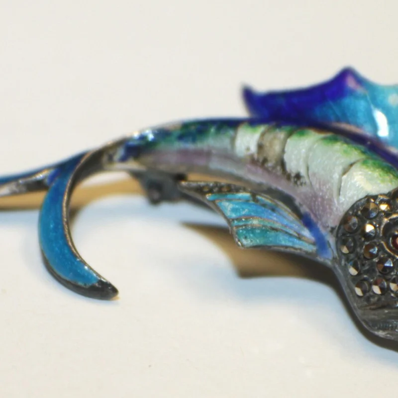 Antique Sterling Silver Designed Gems Faced Blue Multicolor Fish / 1 Ruby Eye  