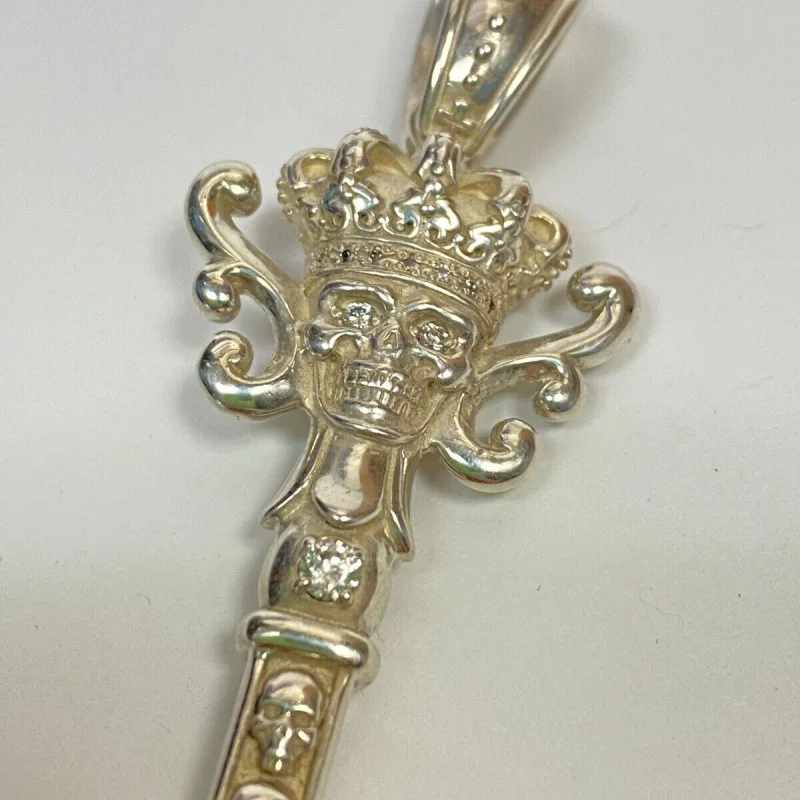 Justin Davis Sterling Silver Key Pendant with Crown and Skull Design, 3 inches