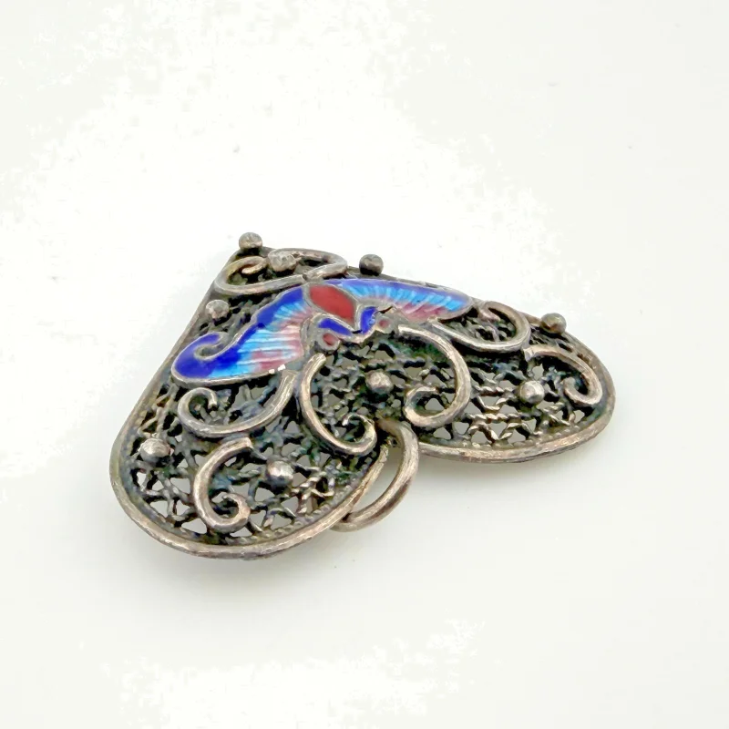 Vintage Silver Heart Pendant with Enamel Butterfly and Filigree