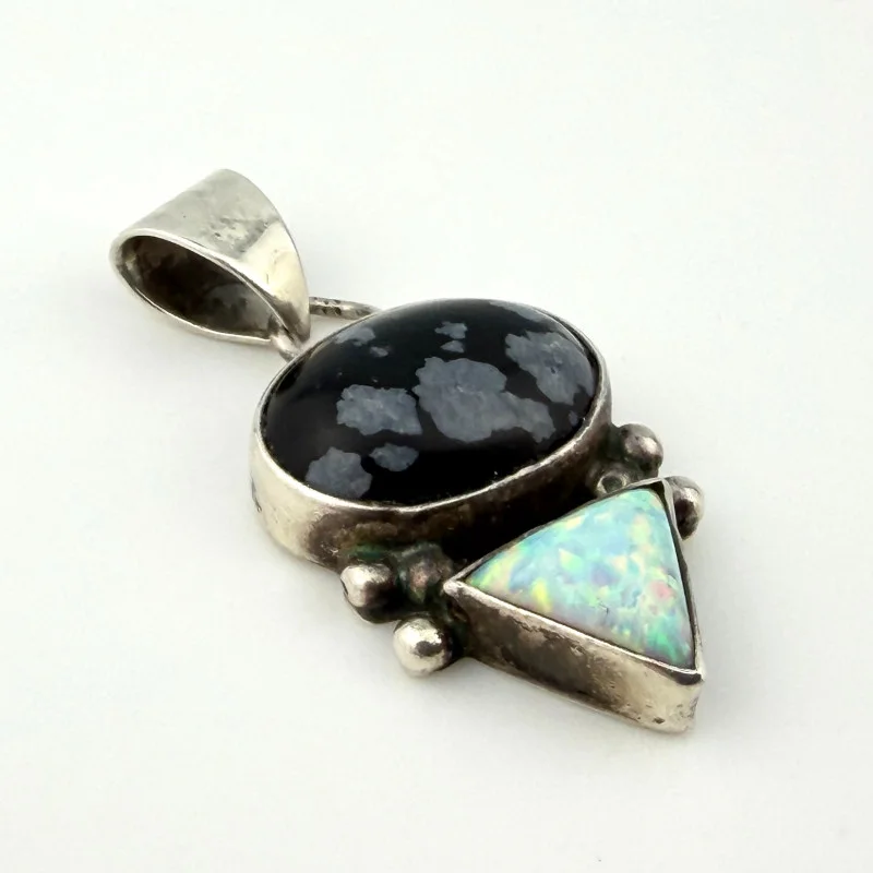 Vintage Handmade Sterling Silver 925 Fire Opal & Snowflake Obsidian Pendant