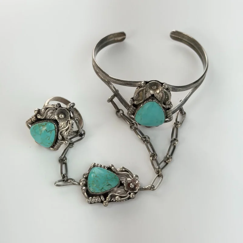 Antique Native American Blue Turquoise Cabs Bangle Slave Bracelet