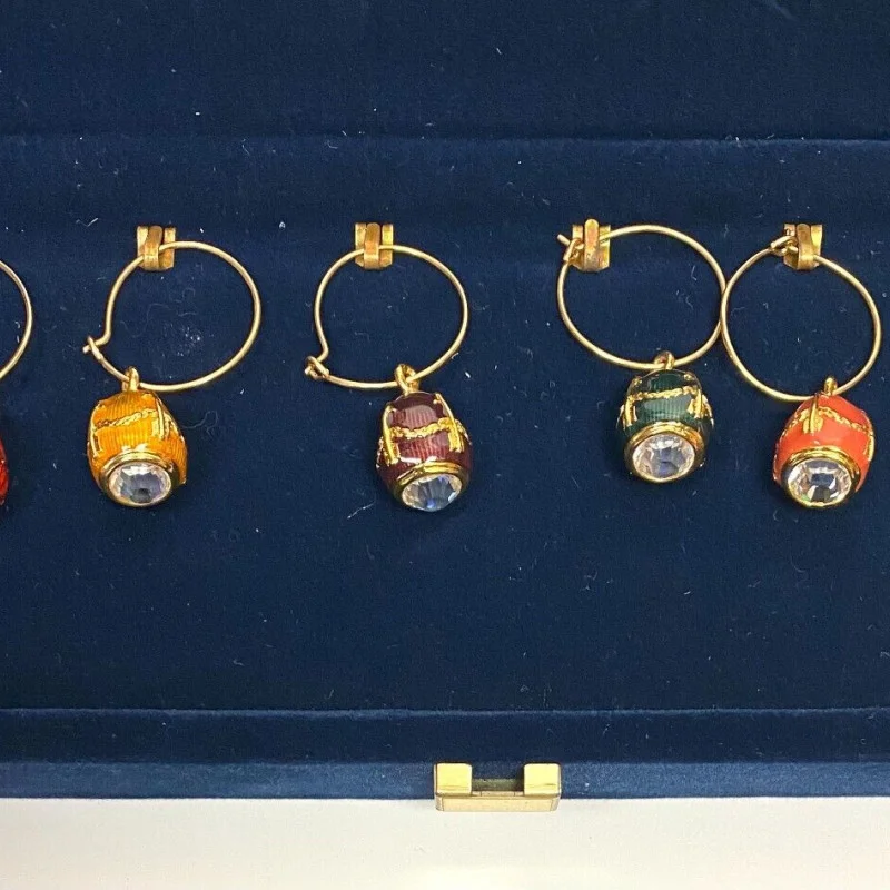 Faberge Egg Wine Glass Charms: Set of Six in Velvet Case - EXCELLENT CONDITION!