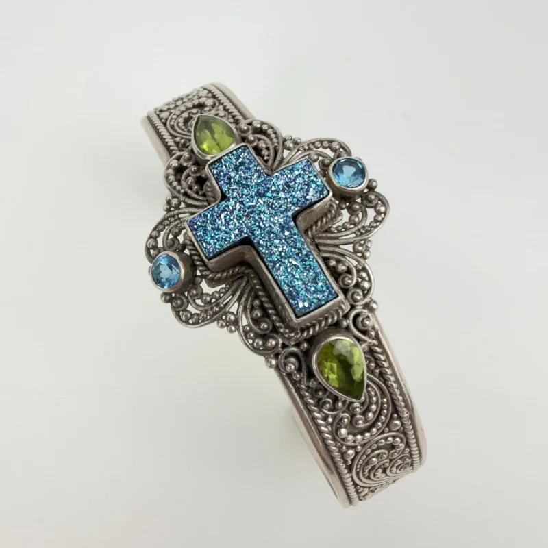 Rare Sarda Artisan Collection Of Bali Paraiba Silver Cuff Bracelet with Cross
