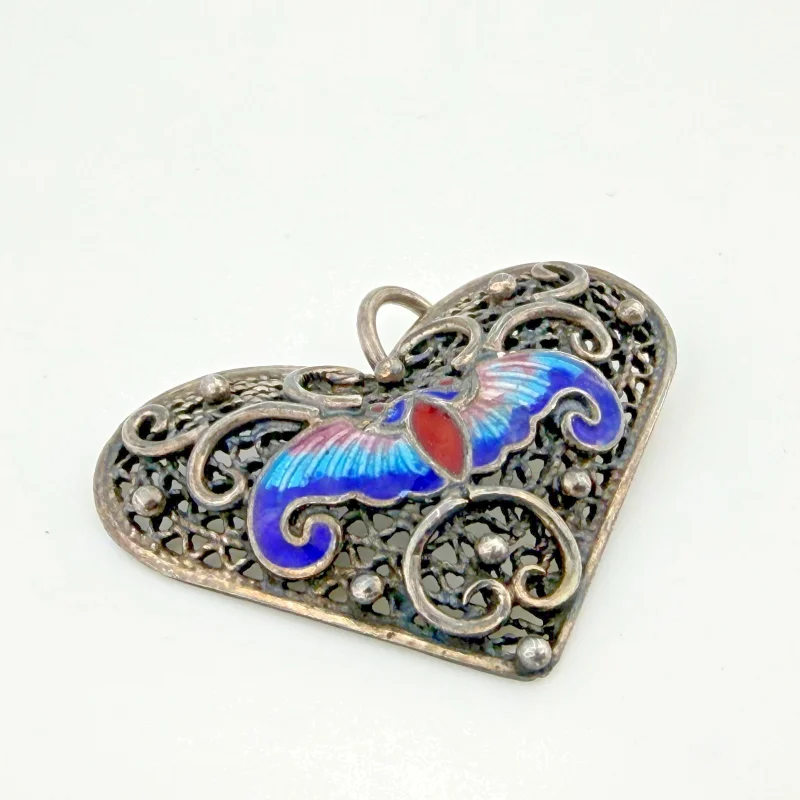 Vintage Silver Heart Pendant with Enamel Butterfly and Filigree