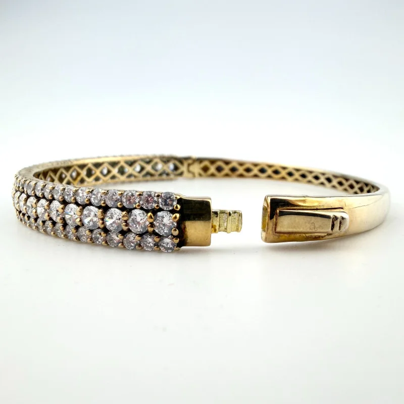 Sterling 925 Signed CN FZN Three Row Cubic Zircon Hinged Bangle 8.2''