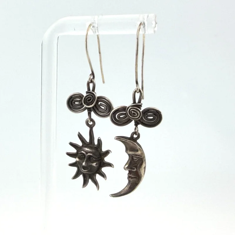 Handmade Sterling Silver Sun and Moon Face Earrings with Wire Spiral Details