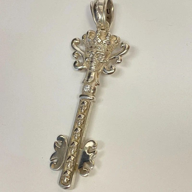 Justin Davis Sterling Silver Key Pendant with Crown and Skull Design, 3 inches