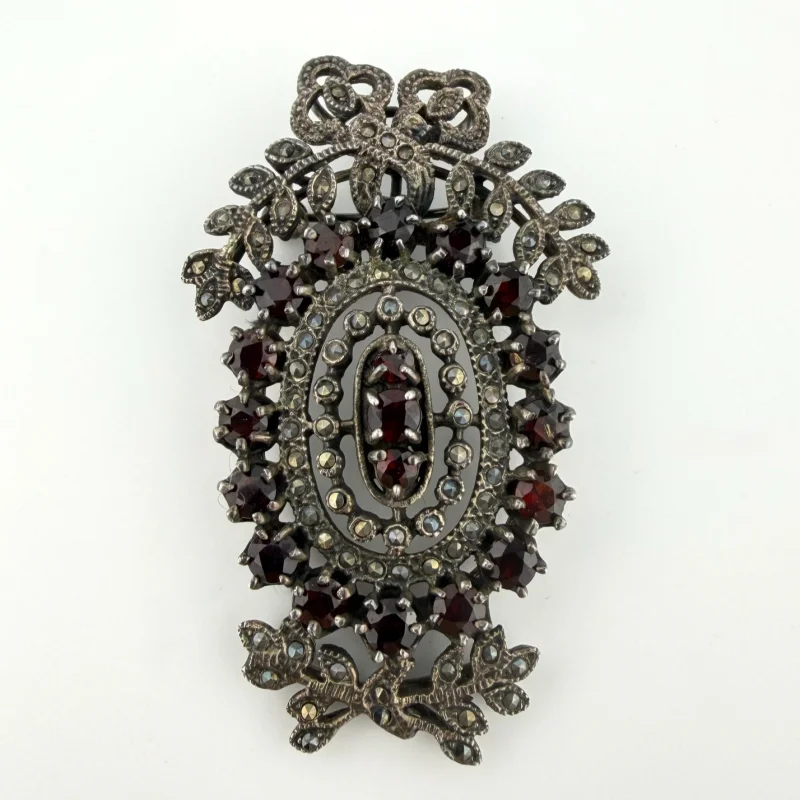Vintage 925 Sterling Silver Marcasite & Garnet Convertible Pendant Brooch