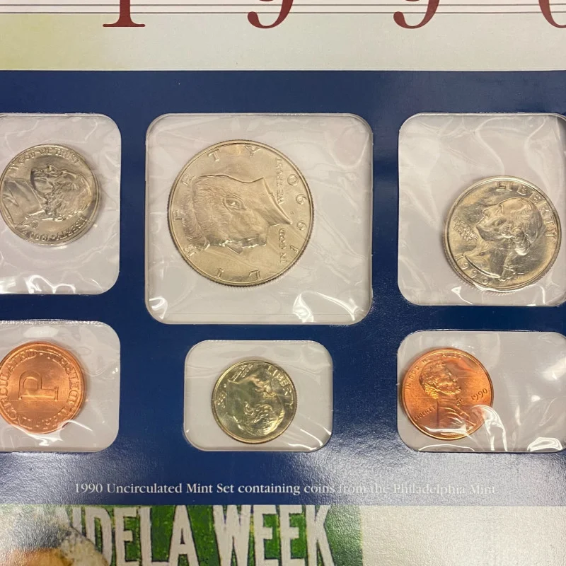 12 COINS 1990 P&D US Mint Sets, Postal Commemorative Society Presentation Panel