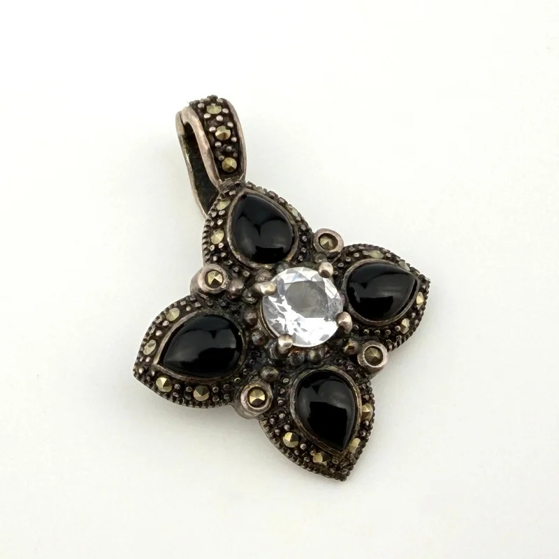 Vintage Thai Sterling Silver Black Onyx Marcasite & Achroite Tourmaline Pendant 