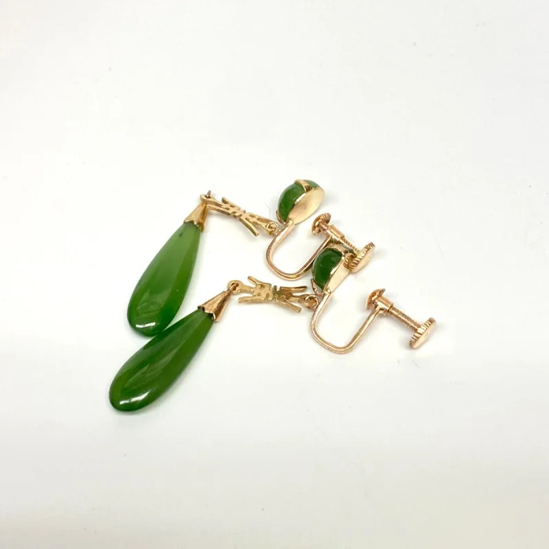Vintage 10k Rose Gold Green Jade Dangle Earrings Chinese non-pierced