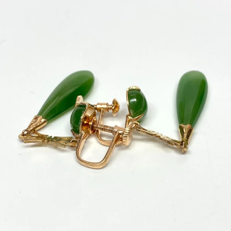 Vintage 10k Rose Gold Green Jade Dangle Earrings Chinese non-pierced
