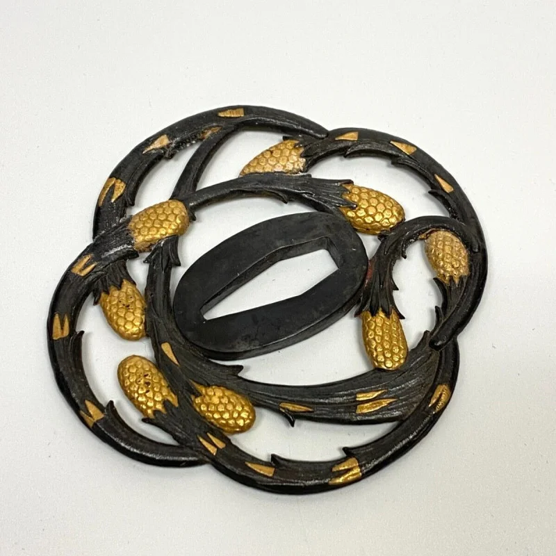 Antique Japanese Tsuba - Iron Sword Guard with Gold Inlay - Pinecone Motif