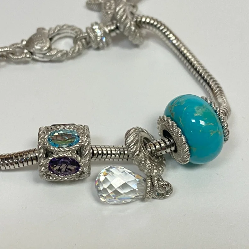 Judith Ripka Silver 925 CZ Charms Bracelet Size 7.5” Long, 7 pieces, Pouch, Box