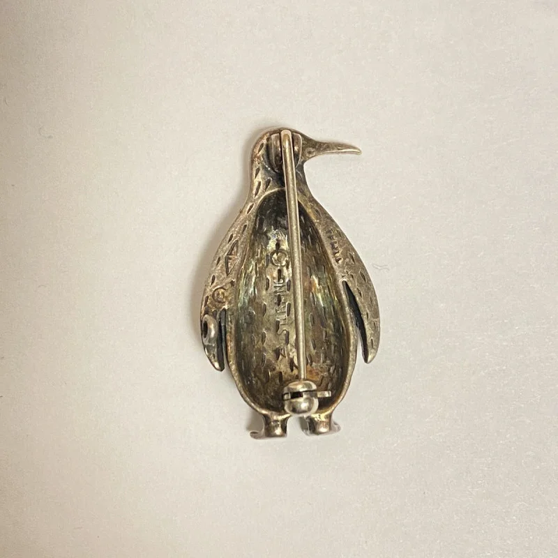 Antique Sterling Silver Marcasite Ferza Engraved Penguin RUBY Red EYE Brooch