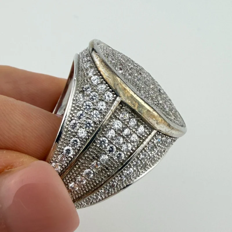 Hip Hop Ring Silver Finish With a Scattering of Cubic Zirconia Stones Size 10.25