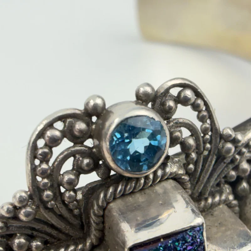 Rare Sarda Artisan Collection Of Bali Paraiba Silver Cuff Bracelet with Cross
