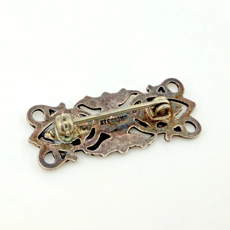Art Nouveau 925 Sterling Silver Rectangular Floral Tiny Brooch Pin