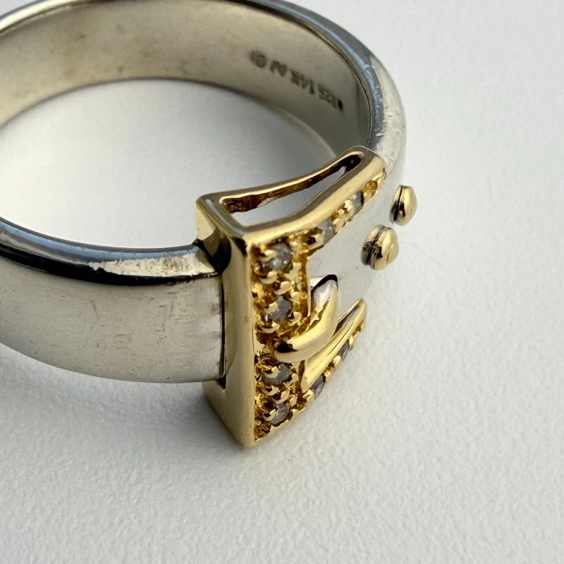 925 Silver Belt Buckle Ring with 14K Gold Buckle Detail and Sapphires - Size 10
