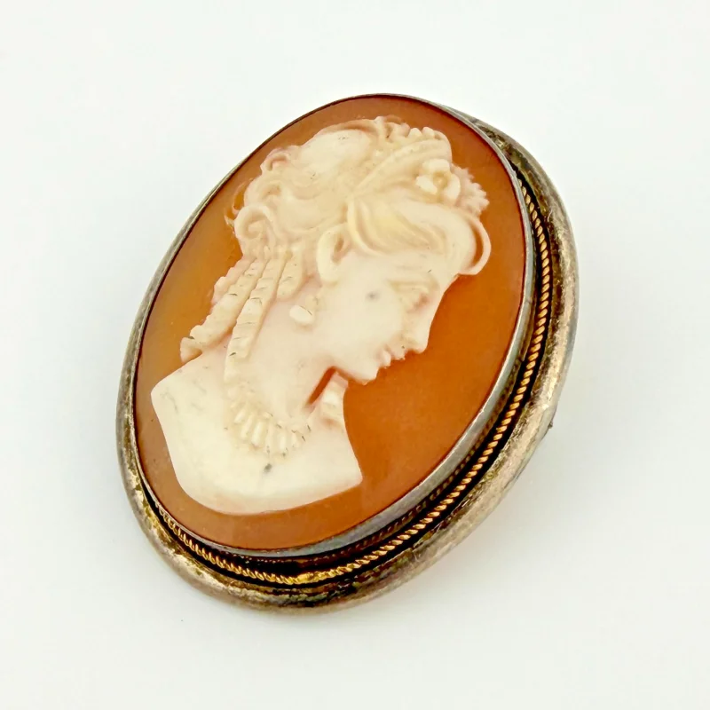 Vintage Handmade Silver Convertible Brooch Pendant Shell Cameo Lady Portrait