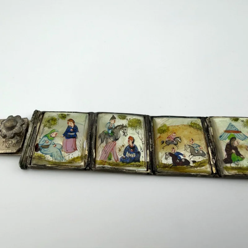 Vintage Antique Persian Miniature Painting Mother of Pearl Silver Bracelet