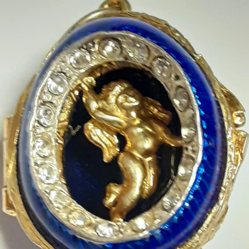 Small Antique Sterling Silver Blue  Enamel Egg  Engraved Angel Pendant