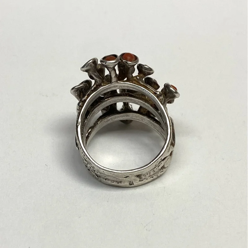 Vintage Designed Coral Stones & Diamond  Sterling Silver 925   Woman Ring Size 7