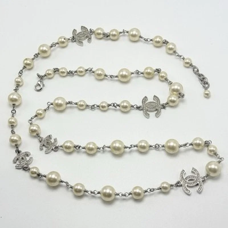 CHANEL A14V 5 CC Crystal Faux Pearl Long Necklace Silver Tone w/ Box