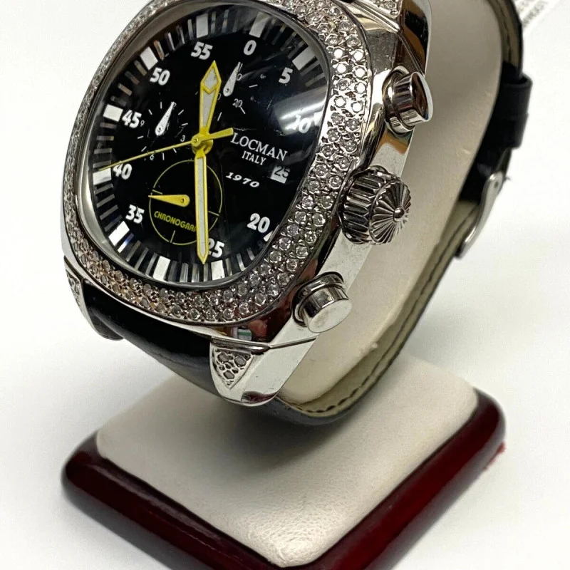 Locman Stainless Steel 2.5 ct White Round Cut Black Dial With Black Band Watch
