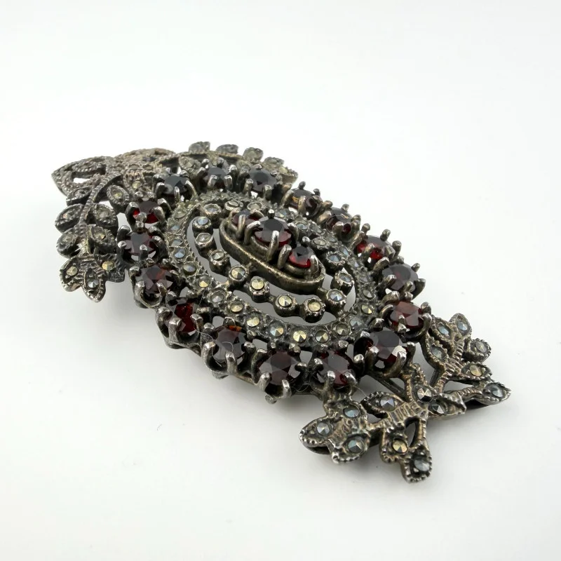 Vintage 925 Sterling Silver Marcasite & Garnet Convertible Pendant Brooch